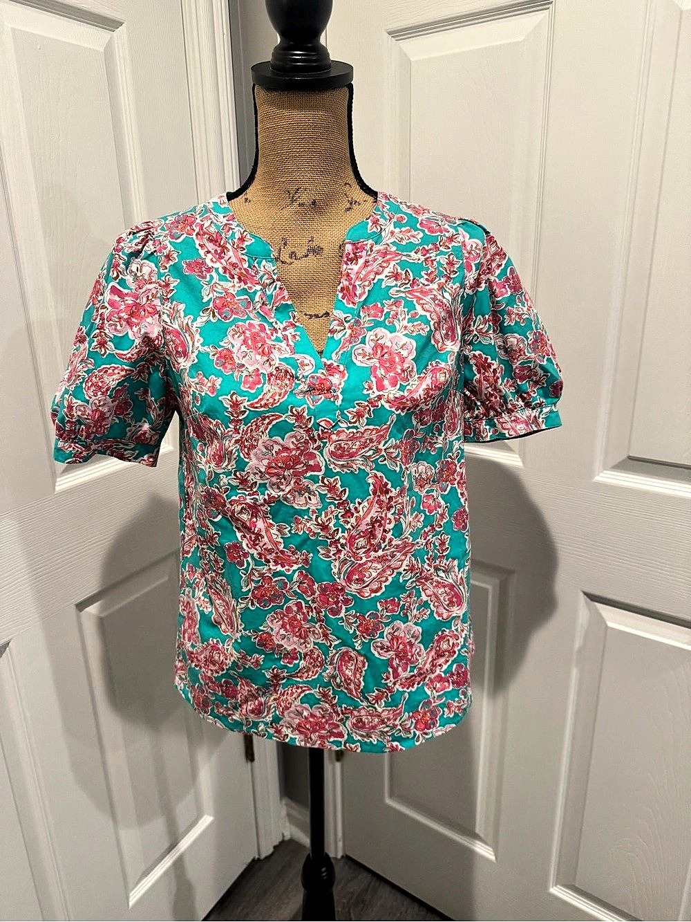 J.Crew Floral Paisley Puff-Sleeve Popover Blouse Green & Pink XS Like New